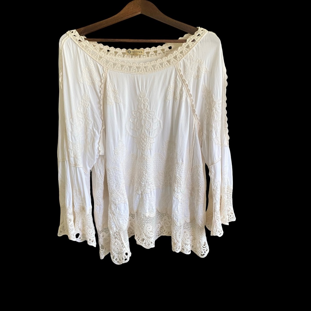 Democracy Embroidered Peasant Blouse Womens XL White Lace Bell Sleeve Boho Top